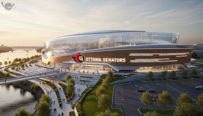 ottawa-senators-new-arena-LeBreton-Flats Modern rendering of the new Ottawa Senators arena, situated on the banks of the Ottawa River with the city skyline in the background.