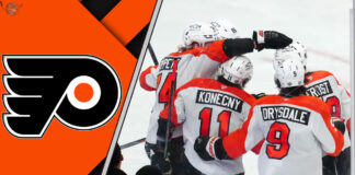 A close-up shot of the Philadelphia Flyers logo on a player's jersey during a game