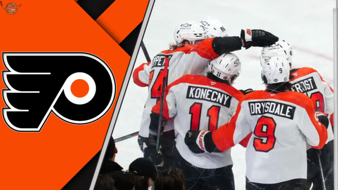A close-up shot of the Philadelphia Flyers logo on a player's jersey during a game