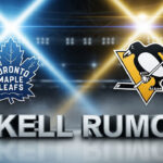 Image showing the Toronto Maple Leafs and Pittsburgh Penguins logos side-by-side. Below the logos, the words "Rakell Rumors" are written in a large, 3D font.