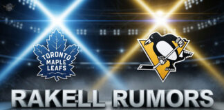 Image showing the Toronto Maple Leafs and Pittsburgh Penguins logos side-by-side. Below the logos, the words "Rakell Rumors" are written in a large, 3D font.