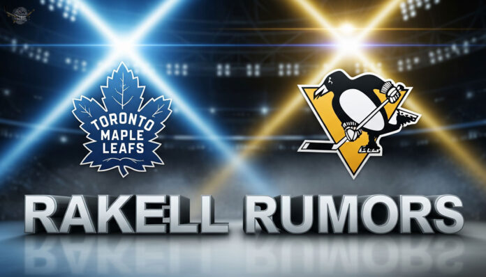 rickard-rakell-rumors-leafs-august-3-2025 Image showing the Toronto Maple Leafs and Pittsburgh Penguins logos side-by-side. Below the logos, the words "Rakell Rumors" are written in a large, 3D font.