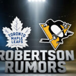 A graphic with the Toronto Maple Leafs logo on the left and the Pittsburgh Penguins logo on the right. Underneath the logos, the words "ROBERTSON RUMORS" are in large, 3D letters.