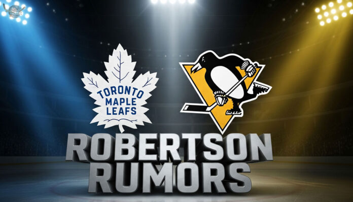 robertson-rumors-leafs-penguins A graphic with the Toronto Maple Leafs logo on the left and the Pittsburgh Penguins logo on the right. Underneath the logos, the words "ROBERTSON RUMORS" are in large, 3D letters.