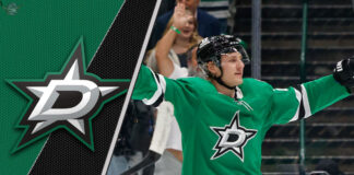 Roope Hintz in a Dallas Stars jersey, skating with the puck, ready for action, a dynamic shot capturing his intensity.
