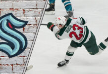 A composite image of Marco Rossi in a Minnesota Wild jersey and the Seattle Kraken logo, implying about the latest NHL trade rumors