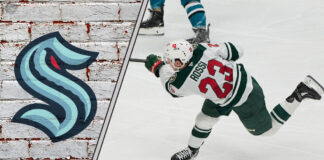 A composite image of Marco Rossi in a Minnesota Wild jersey and the Seattle Kraken logo, implying about the latest NHL trade rumors