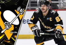 An image of Sidney Crosby in a Pittsburgh Penguins jersey, looking focused during a game