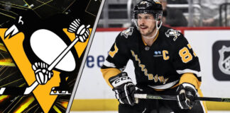 An image of Sidney Crosby in a Pittsburgh Penguins jersey, looking focused during a game