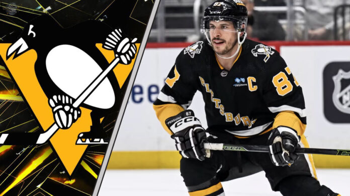An image of Sidney Crosby in a Pittsburgh Penguins jersey, looking focused during a game