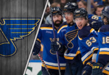 St. Louis Blues players celebrating a goal on the ice
