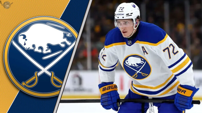 tage-thompson-point-projections-2025-26 Tage Thompson in action for the Buffalo Sabres, 2025-26 season prediction analysis.