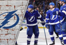 The Tampa Bay Lightning team celebrating a goal on the ice, with the crowd cheering in the background.