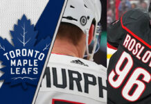 An image of Jack Roslovic and Connor Murphy with the Toronto Maple Leafs logo in the background, representing the latest NHL trade rumors