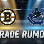 Image of the Boston Bruins and Vancouver Canucks logos with the words 'Trade Rumor' in a big font underneath them, set against a dramatic hockey arena background.