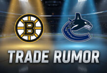 Image of the Boston Bruins and Vancouver Canucks logos with the words 'Trade Rumor' in a big font underneath them, set against a dramatic hockey arena background.
