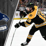 An image of Pavel Zacha in their respective team uniforms, with the Vancouver Canucks logo in the background.