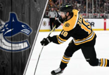 An image of Pavel Zacha in their respective team uniforms, with the Vancouver Canucks logo in the background.