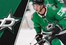 Wyatt Johnston skating with the puck for the Dallas Stars during the NHL season