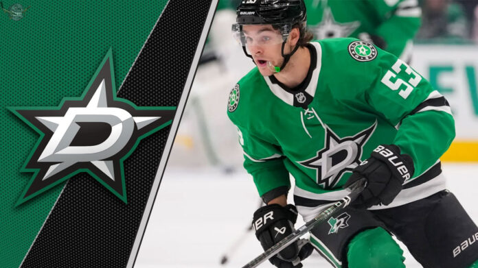 wyatt-johnston-2025-26-points-projection Wyatt Johnston skating with the puck for the Dallas Stars during the NHL season