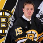 An image of the top 5 Boston Bruins prospect James Hagens with the Boston Bruins logo in the background.