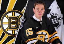 An image of the top 5 Boston Bruins prospect James Hagens with the Boston Bruins logo in the background.