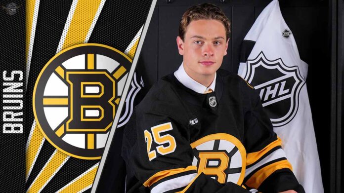 An image of the top 5 Boston Bruins prospect James Hagens with the Boston Bruins logo in the background.