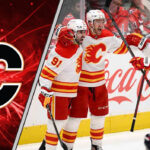 An image of the Calgary Flames team on the ice at the Scotiabank Saddledome, representing the team's uncertain future.
