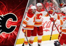 An image of the Calgary Flames team on the ice at the Scotiabank Saddledome, representing the team's uncertain future.