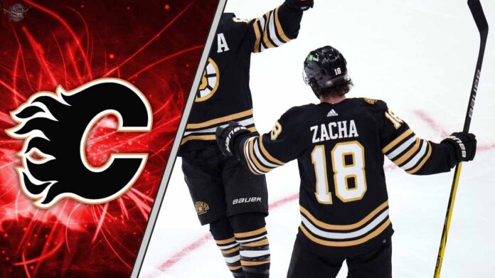 Boston Bruins forward Pavel Zacha skates with the puck during an NHL game.
