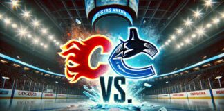 Image of the Calgary Flames and Vancouver Canucks logos colliding in Rogers Arena, with spotlights and icy intensity.