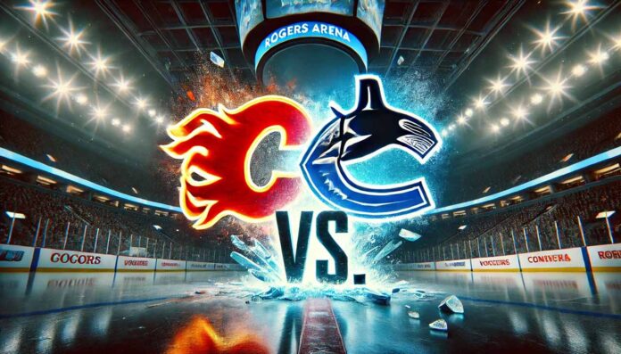 calgary-flames-vs-vancouver-canucks-preseason-hockey-game Image of the Calgary Flames and Vancouver Canucks logos colliding in Rogers Arena, with spotlights and icy intensity.