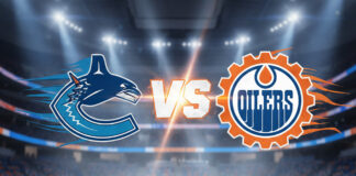Image of the Vancouver Canucks and Edmonton Oilers logos colliding with the words Vs, between the logos