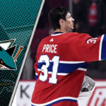 Carey Price in his Montreal Canadiens jersey with the San Jose Sharks logo to the left as NHL trade rumors swirl around him