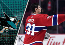 Carey Price in his Montreal Canadiens jersey with the San Jose Sharks logo to the left as NHL trade rumors swirl around him