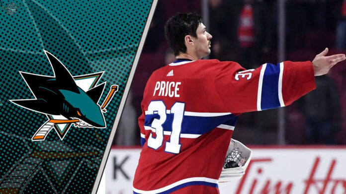 Carey Price in his Montreal Canadiens jersey with the San Jose Sharks logo to the left as NHL trade rumors swirl around him