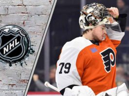 A focused Carter Hart in his Philadelphia Flyers goalie gear thinking about possible free agent destinations