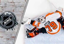 Carter Hart in his Flyers goalie gear, focused during a game, with the NHL logo superimposed on the background.