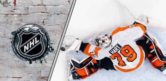 The Carter Hart Dilemma: Why the Hurricanes and Golden Knights Are Willing to Gamble on the Controversial Goalie Carter Hart in his Flyers goalie gear, focused during a game, with the NHL logo superimposed on the background.