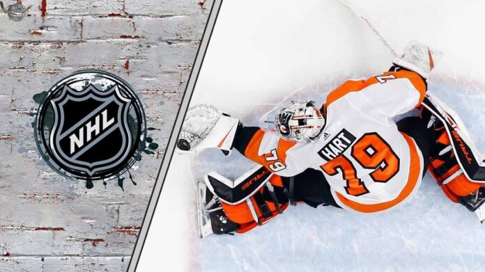 carter-hart-goalie-rumors-hurricanes-golden-knights-interest Carter Hart in his Flyers goalie gear, focused during a game, with the NHL logo superimposed on the background.