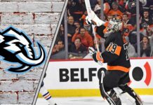 Carter Hart in a Philadelphia Flyers jersey with the Utah Mammoth logo to the left