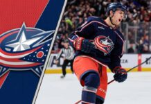 Columbus Blue Jackets forward Yegor Chinakhov celebrating a goal during an NHL game, representing the ongoing trade request situation.