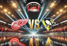 An image of the Detroit Red Wings and Pittsburgh Penguins logos facing each other on a hockey rink.