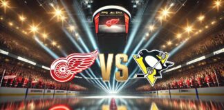 An image of the Detroit Red Wings and Pittsburgh Penguins logos facing each other on a hockey rink.