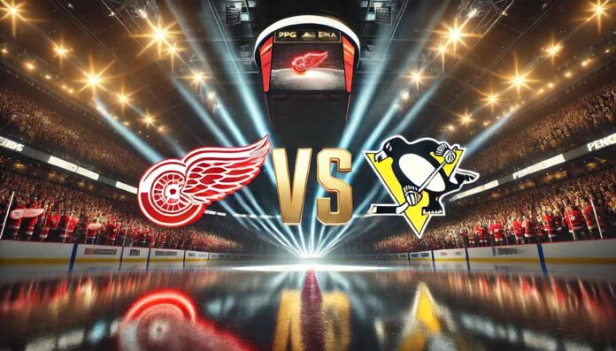 detroit-red-wings-vs-pittsburgh-penguins-preseason-matchup An image of the Detroit Red Wings and Pittsburgh Penguins logos facing each other on a hockey rink.