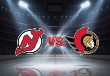 image of the New Jersey Devils and Ottawa Senators logos colliding with the word “Vs” between them, set against the Senators’ home arena with spotlights on the logos.