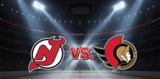 image of the New Jersey Devils and Ottawa Senators logos colliding with the word “Vs” between them, set against the Senators’ home arena with spotlights on the logos.