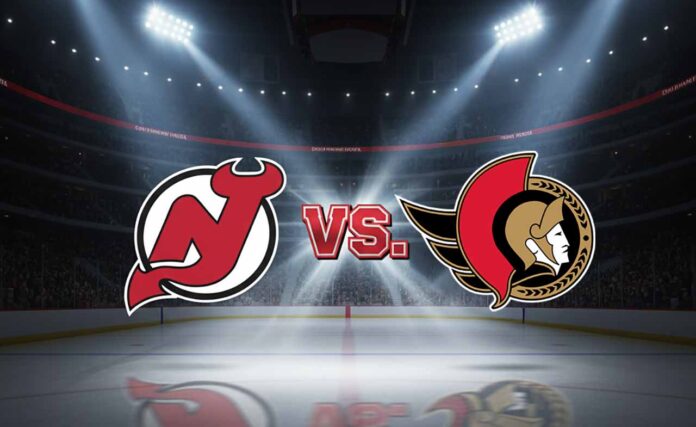 devils-vs-senators-preseason image of the New Jersey Devils and Ottawa Senators logos colliding with the word “Vs” between them, set against the Senators’ home arena with spotlights on the logos.