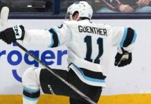 Utah Mammoth forward Dylan Guenther celebrating a goal during an NHL game, poised for his 2025-26 breakout season.