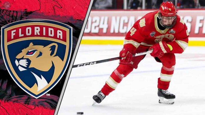 florida-panthers-prospect-pipeline-2025 Florida Panthers top prospect Jack Devine skating with the puck